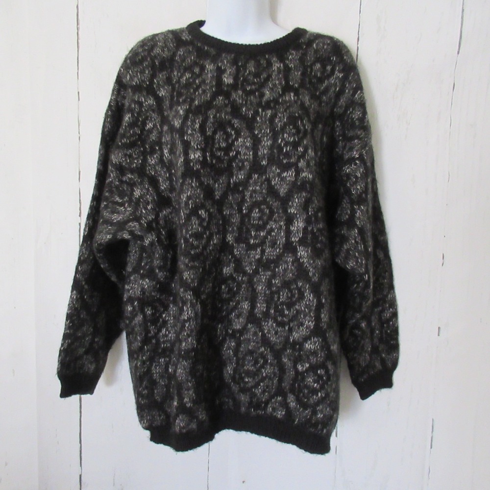 VTG Benetton Sweater 48 L XL Black Gray Floral Mohair Made In Italy Mens Womens